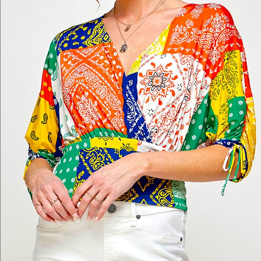 MULTI PRINT V-NECKLINE RUCHED SLEEVES SURPLICE PLUS SIZE